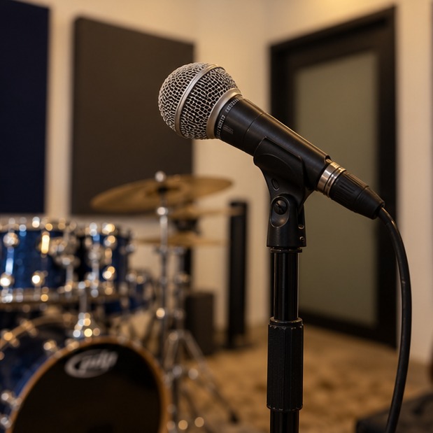 Micrófono frente a una batería en el estudio