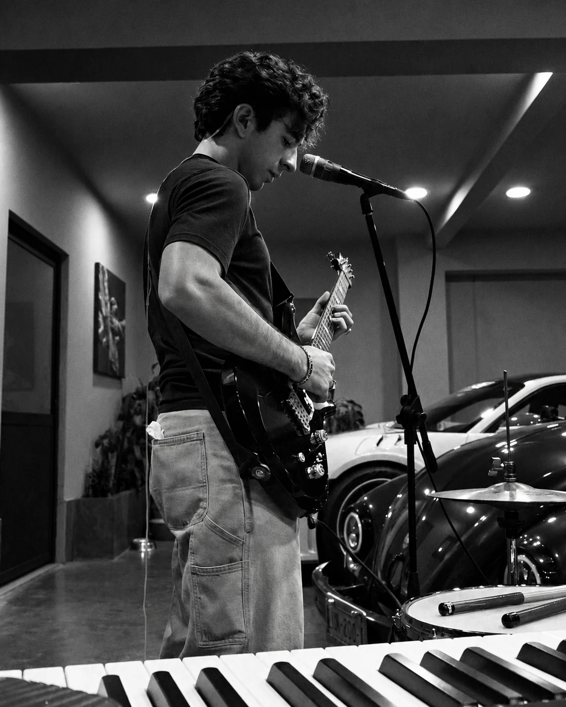 Guitarrista en el estudio frente a un micrófono