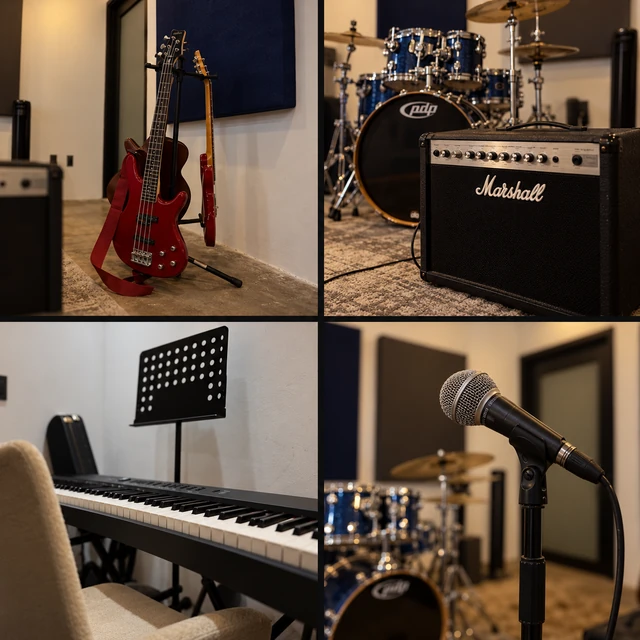 Sala de grabación, batería, teclado y micrófono
