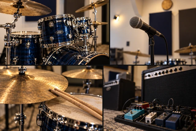 Batería, micrófono, platillos y equipo de audio