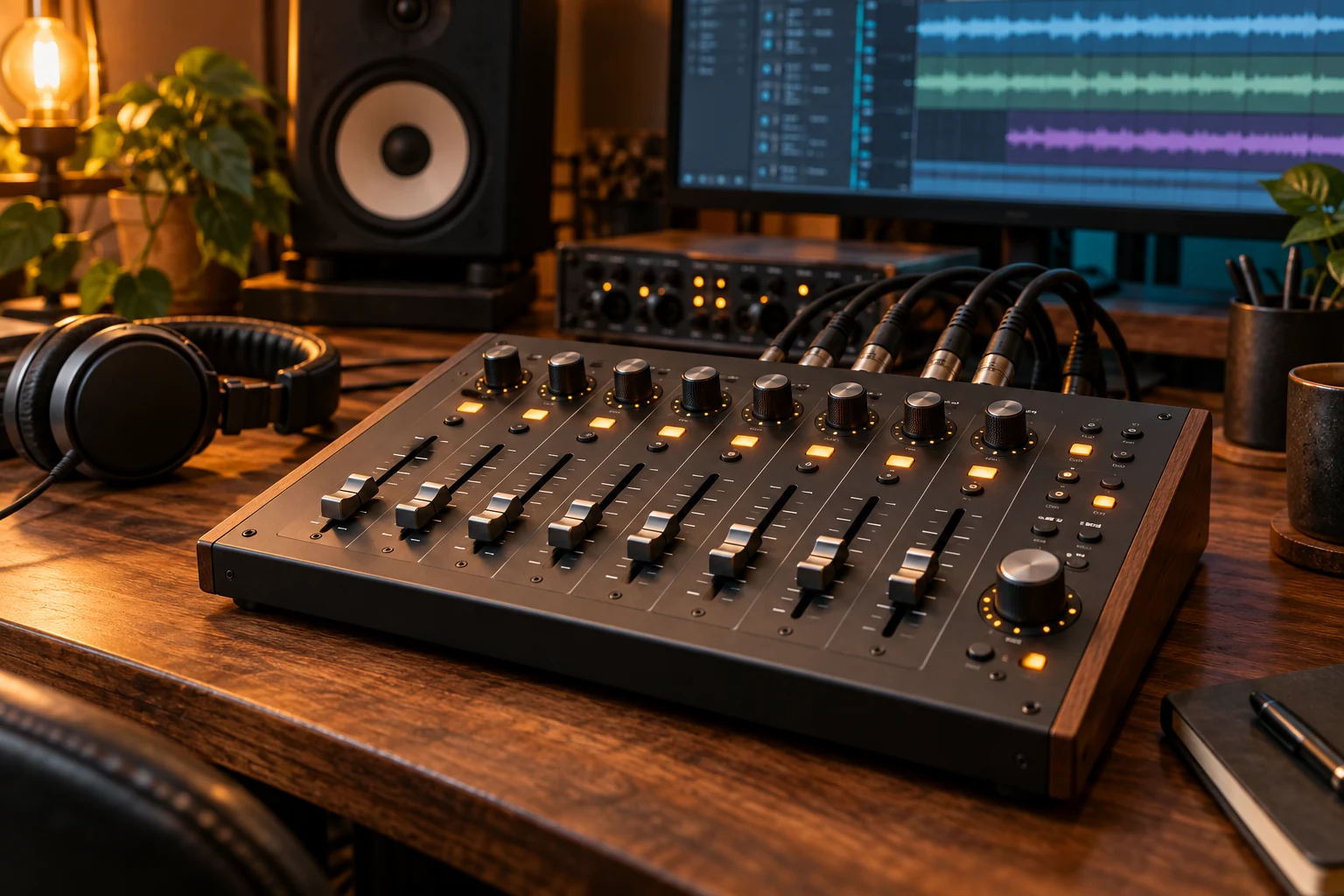 Superficie de control de audio con faders, cables y pistas de sonido en el estudio