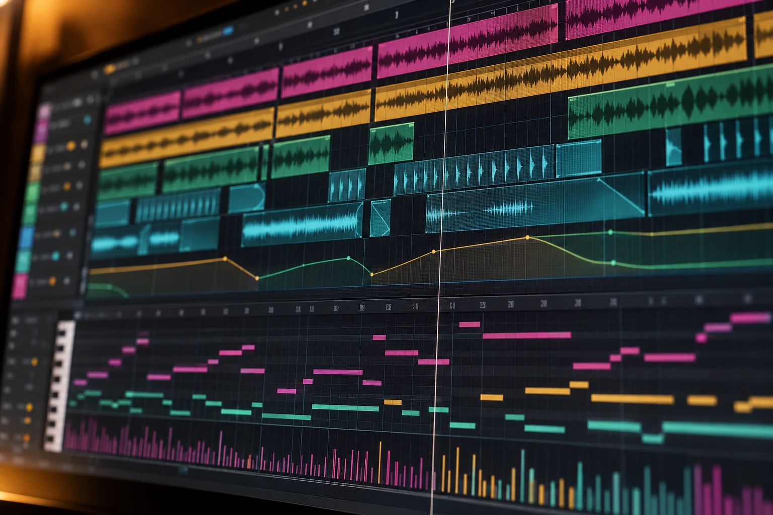 Imagen editorial de una sesión de composición en un DAW con pistas y ondas de audio